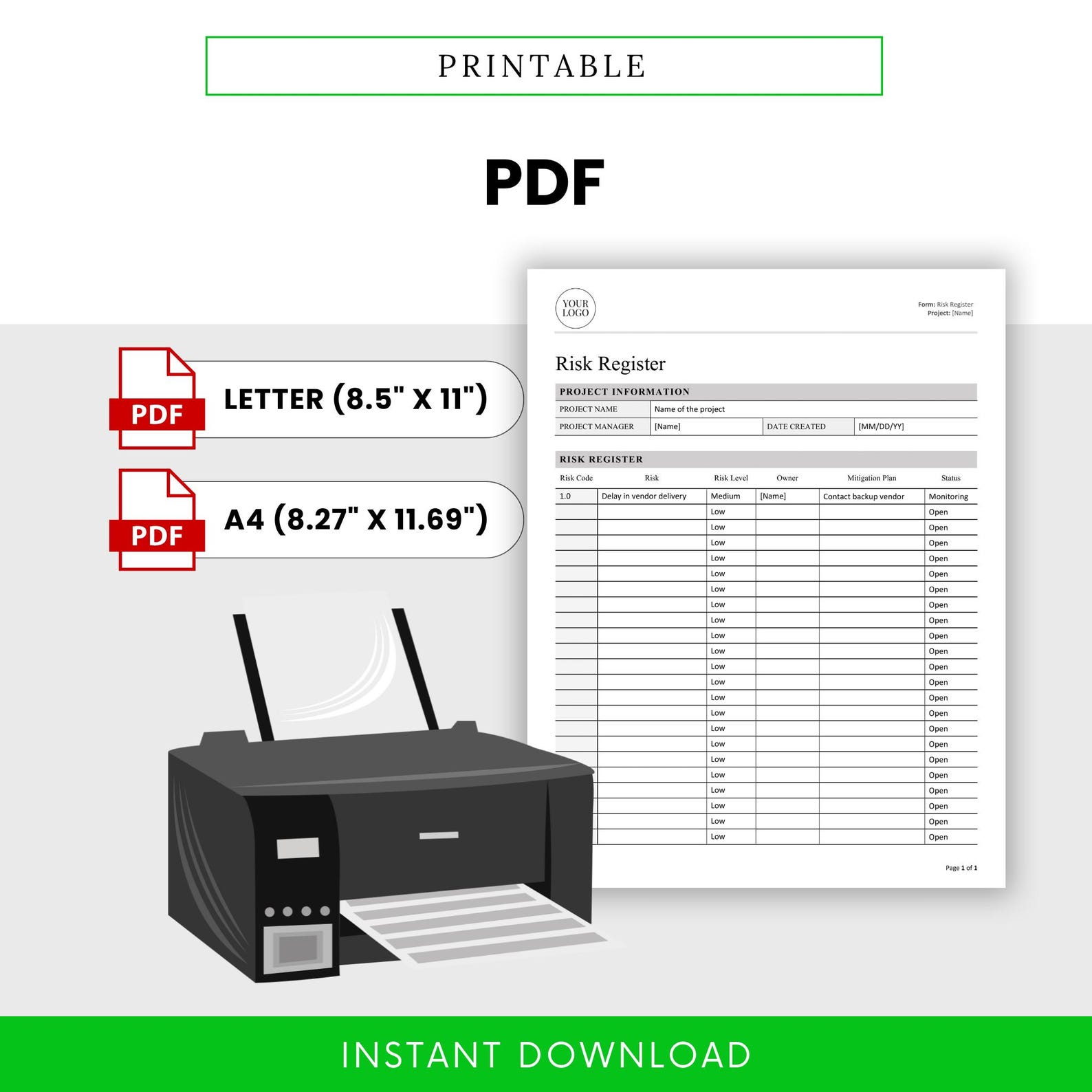 Mini Simple Risk Register Simple Risk Register Template (word, PDF) | Project Management Template ...