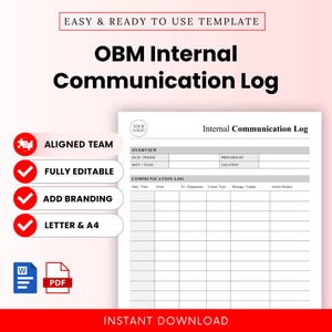 Pode incluir: Um modelo de registo de comunicação interna OBM apresentando um documento branco com texto preto, incluindo secções para visão geral, data, período, preparado por, departamento, equipa, localização e uma grelha para registos de comunicação com colunas para data, hora, de, para, departamento, tipo, mensagem, atualização e ação necessária.