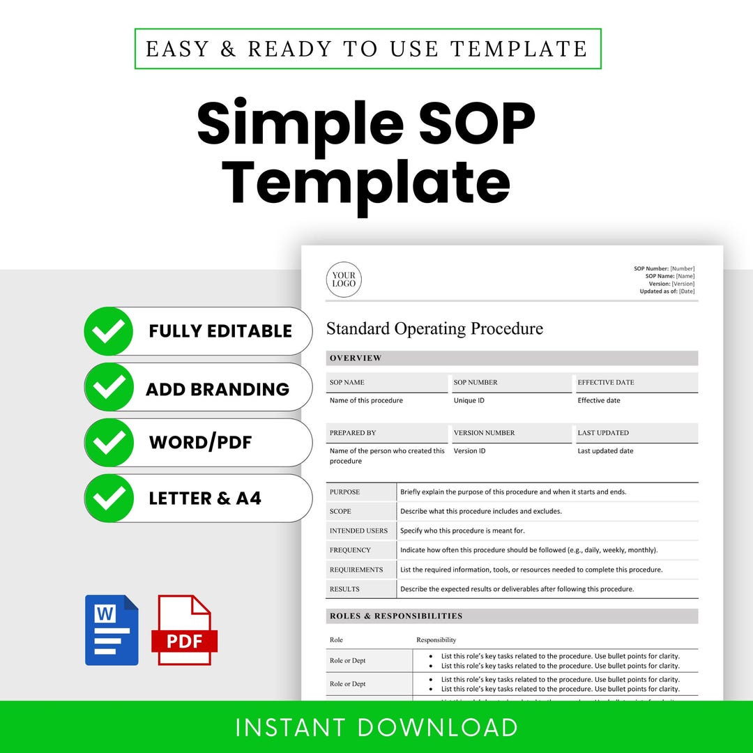 Simple SOP Template (word, PDF) | Standard Operating Procedure Template ...