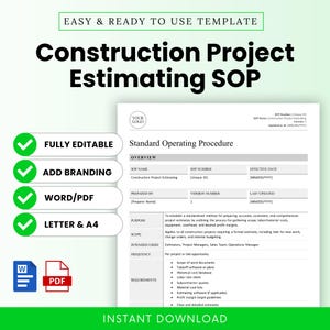 Op de afbeelding: Een groen en wit document getiteld "Construction Project Estimating SOP" met de tekst "Easy & Ready to Use Template." Functies zijn onder meer "Volledig bewerkbaar", "Merk toevoegen" en "Word/PDF." Bevat een "Direct downloaden"-knop.
