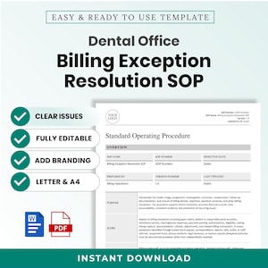 Può includere: Un modello digitale per un documento SOP di risoluzione delle eccezioni di fatturazione per studi dentistici. La pagina include sezioni per panoramica, scopo e ambito. Include segni di spunta per problemi chiari, completamente modificabile, aggiunta di branding e formati lettera e A4.