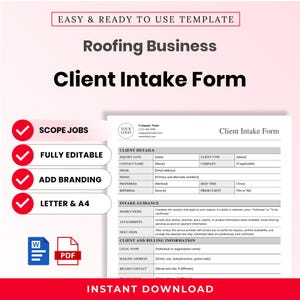 Puede incluir: Una plantilla digital de formulario de admisión de clientes para empresas de techado con secciones para detalles del cliente, guía de admisión e información de facturación, disponible en formatos Word y PDF para editar.