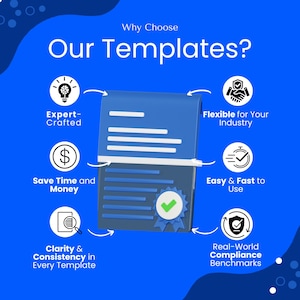 Why choose QuickBizDoc's templates? Highlights key benefits: expert-crafted, flexible for any industry, time-saving, easy to use, clear and consistent, and aligned with real-world compliance benchmarks.