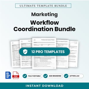 Può includere: Un pacchetto di modelli per il coordinamento del flusso di lavoro di marketing con 12 template professionali. Il set include un pianificatore di carico di lavoro e capacità, liste di attività del team e checklist di consegna del lavoro. Formato A4.