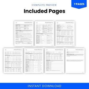 Seven-page preview grid showing the Document Receipt Log pages and structured tables for intake, receipt tracking, storage, review, follow-up, exceptions, acknowledgment, and closure.