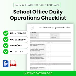 Op de afbeelding: Een School Office Daily Operations Checklist-sjabloon, klaar voor gebruik. Het document bevat secties voor overzicht, startdagchecklist en aanwezigheid en student check-in. De sjabloon is volledig bewerkbaar, branding mogelijk en Word/PDF.