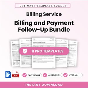 Puede incluir: Un paquete digital de 11 plantillas profesionales de facturación y seguimiento de pagos en formatos Word y PDF. Los documentos incluyen procedimientos operativos estándar y registros de facturas, con el texto Ultimate Template Bundle.