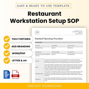 Op de afbeelding: Een digitaal sjabloon voor een SOP-document voor het instellen van een restaurantwerkstation. De pagina bevat secties voor overzicht, doel, reikwijdte, beoogde gebruikers en frequentie. Bevat tekst voor volledig bewerkbare Word/PDF-bestanden.