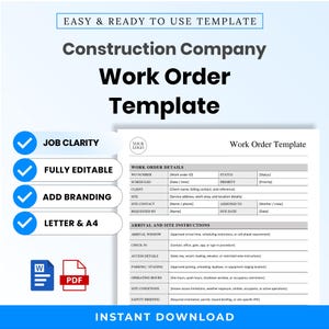 May include: A digital construction company work order template featuring sections for work order details, arrival, and site instructions. The document includes placeholders for client information, job status, and safety briefing notes, with Word and PDF icons.