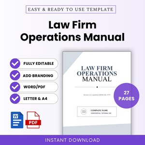 May include: A Law Firm Operations Manual template featuring a white cover with black text, 27 pages, and editable Word and PDF formats. The document includes sections for branding, company name, and internal use, with checkmarks for features.