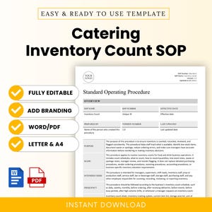 May include: A Catering Inventory Count SOP document template featuring sections for overview, purpose, scope, intended users, and frequency. The document includes placeholders for branding, SOP number, version, and dates, with icons for Word and PDF formats.