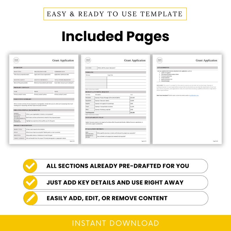 Three-page preview of the editable grant application template showing a pre-filled structure for project planning, budgeting, and evaluation. Emphasizes ease of use, customizable content, and ready-to-print format.