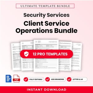 Può includere: Un pacchetto di documenti digitali intitolato Ultimate Template Bundle per servizi di sicurezza e operazioni di assistenza clienti. Include 12 modelli professionali, tra cui un modulo di accoglienza clienti e un registro di risoluzione.