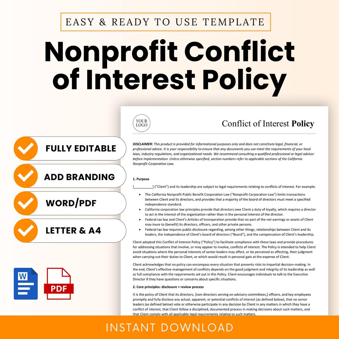 Nonprofit Conflict of Interest Policy Template – Word & PDF, A4 + US ...