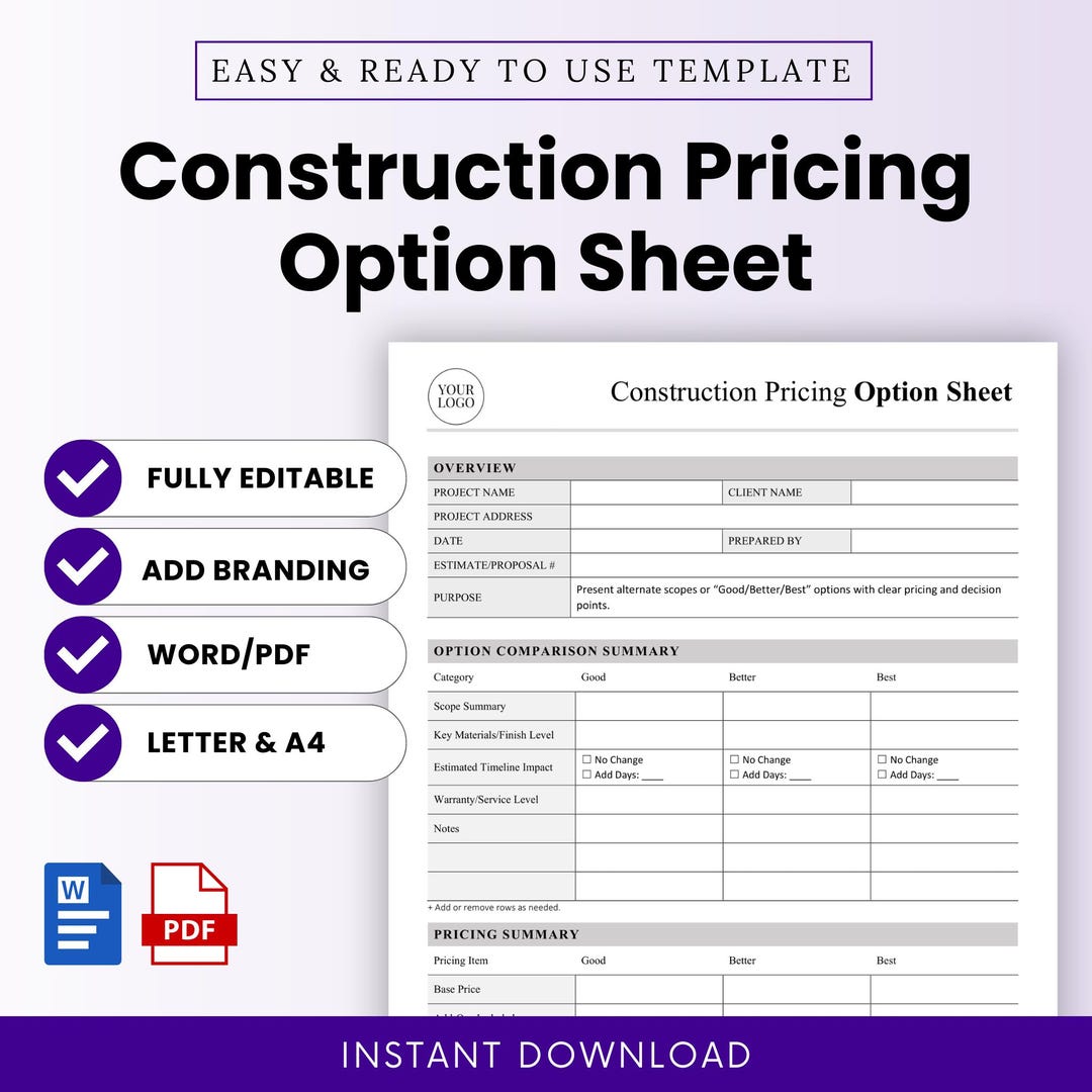 Options Sheet Example Construction Pricing Option Sheet Template – Word & PDF, A4 + US Letter ...