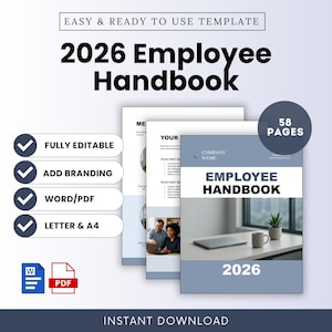 Könnte beinhalten: Digitale Vorlage für ein Mitarbeiterhandbuch 2026. Das Cover ist hellblau und weiß, mit dem Text "Employee Handbook" und "2026". Funktionen umfassen voll editierbare Inhalte, Branding-Optionen, Word/PDF-Formate und A4-Größen.