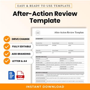 May include: An After-Action Review template document featuring sections for overview, report details, and review summary. The layout includes fields for document name, number, date, and version. Icons for Word and PDF formats are displayed.