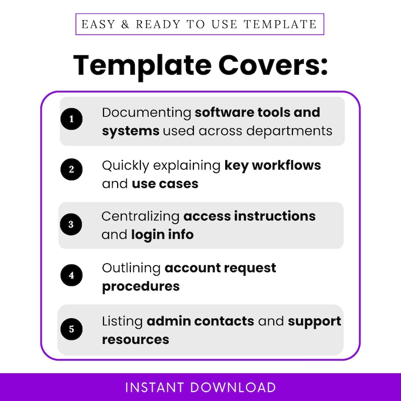 Infographic showing what the tool/system reference template covers, including documenting systems, workflows, access info, and admin contacts. Optimized for team efficiency and clarity.