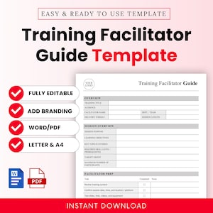 May include: A training facilitator guide template with a white background and red accents. The template includes sections for overview, session overview, and facilitator prep. Text includes "Fully Editable," "Add Branding," and "Instant Download."