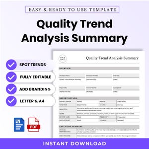 Può includere: Un modello di documento di riepilogo dell'analisi delle tendenze di qualità con sezioni per panoramica, dettagli del rapporto e riepilogo esecutivo. Il documento include segnaposto per nome, numero, data e metriche, con icone per Word e PDF.