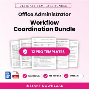 Puede incluir: Un paquete de plantillas de coordinación de flujo de trabajo para administradores de oficina con 12 plantillas profesionales. El conjunto digital incluye un planificador de carga de trabajo, listas de tareas y listas de verificación. Archivos editables, compatibles con Word y PDF, en tamaños Letter y A4 para descarga instantánea.