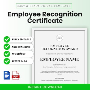 Può includere: Modello di certificato di riconoscimento dei dipendenti bianco con testo nero. Il certificato include spazio per un logo, il nome del dipendente e una descrizione del riconoscimento. Completamente modificabile, aggiungi il tuo marchio, Word/PDF e A4.