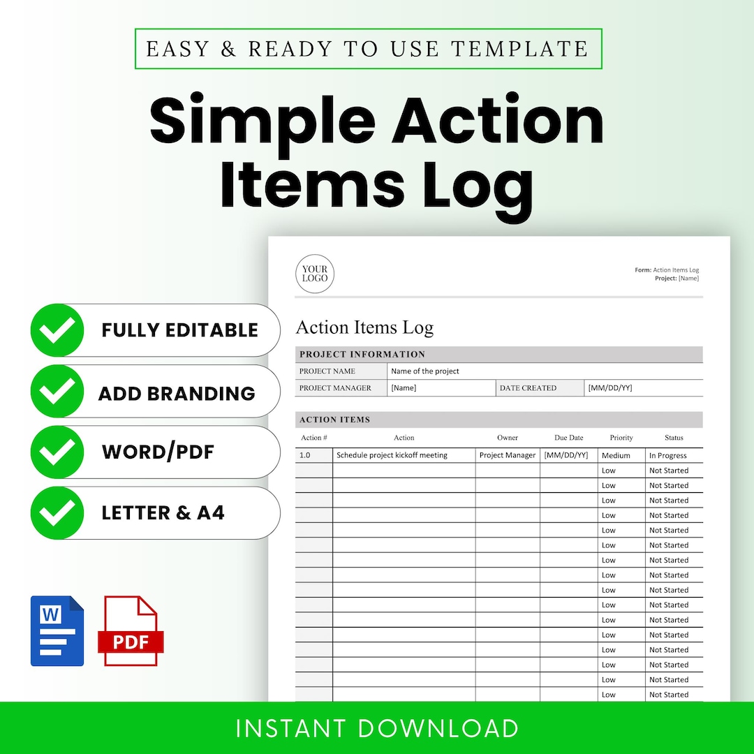Simple Action Items Log Template (word, PDF) | Project Task Tracker ...