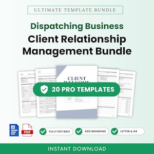May include: A digital bundle of 20 professional business templates for dispatching and client relationship management. The documents include intake checklists and contact forms, available in Word and PDF formats for Letter and A4 paper sizes.