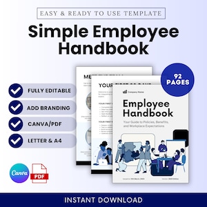 Simple Employee Handbook Template (Canva, PDF) | Company Handbook, Small Business Employee Manual, Human Resources Template, Staff Handbook