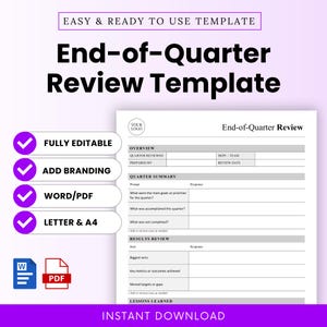 Könnte beinhalten: Eine digitale Vorlage für eine Quartalsendüberprüfung mit dem Text "End-of-Quarter Review Template" in fetter Schrift. Enthält die Optionen "Vollständig bearbeitbar", "Branding hinzufügen", "Word/PDF" und "Letter & A4". Enthält ein Musterformular und "Sofort-Download".