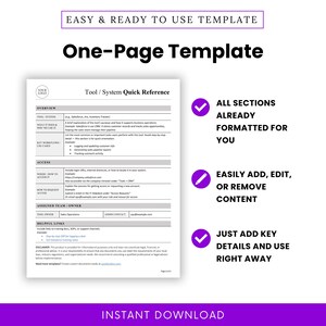 Clean one-page quick reference template with pre-formatted sections. Emphasizes easy editing, time-saving setup, and ready-to-use formatting for system documentation.