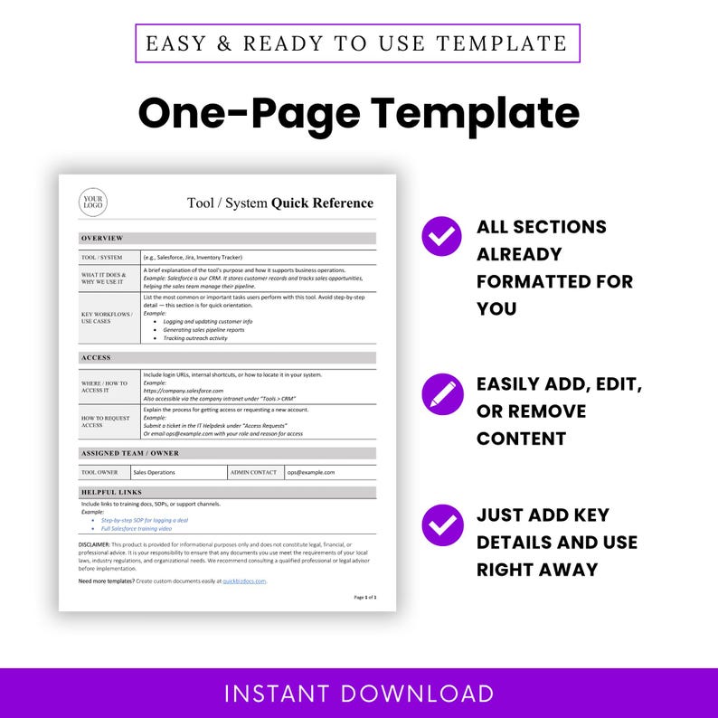 Clean one-page quick reference template with pre-formatted sections. Emphasizes easy editing, time-saving setup, and ready-to-use formatting for system documentation.