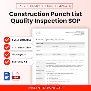Construction Punch List Quality Inspection SOP template promotional image featuring a clean, professional SOP preview and checklist of features including fully editable, branding-ready, Word/PDF format, and US Letter & A4 sizes.