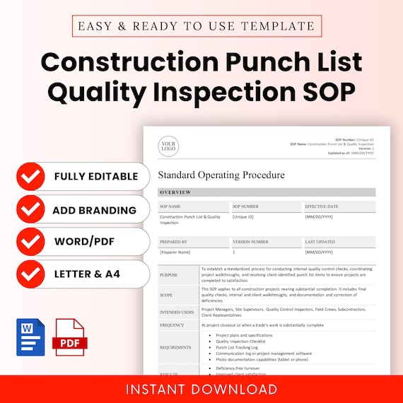 Construction Punch List Quality Inspection SOP Template – Word & PDF, A4 + US Letter