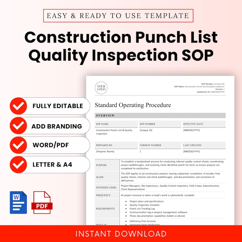 Construction Punch List Quality Inspection SOP template promotional image featuring a clean, professional SOP preview and checklist of features including fully editable, branding-ready, Word/PDF format, and US Letter & A4 sizes.