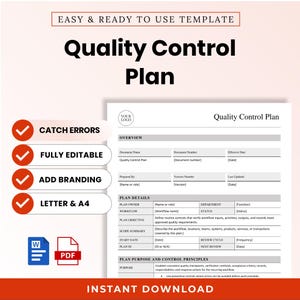 May include: A digital Quality Control Plan template featuring sections for overview, plan details, and purpose. The document includes fields for document name, number, and date. It is compatible with Word and PDF formats, labeled as letter and A4 size.