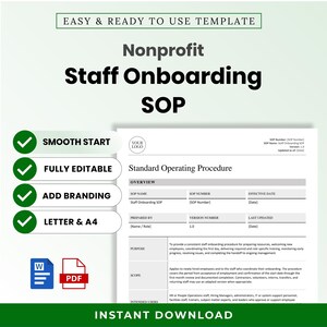 Op de afbeelding: Een digitaal sjabloon voor een SOP-document voor het onboarden van personeel bij non-profitorganisaties. De pagina bevat secties voor overzicht, doel, reikwijdte en gebruikers. Bevat tekst voor een soepele start en volledige bewerkbaarheid.