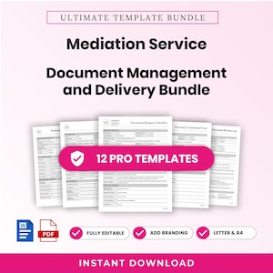 Puede incluir: Un paquete de plantillas digitales para servicios de mediación, con formularios de gestión y entrega de documentos. El conjunto incluye 12 plantillas profesionales totalmente editables, compatibles con Word y PDF, en tamaño carta y A4.