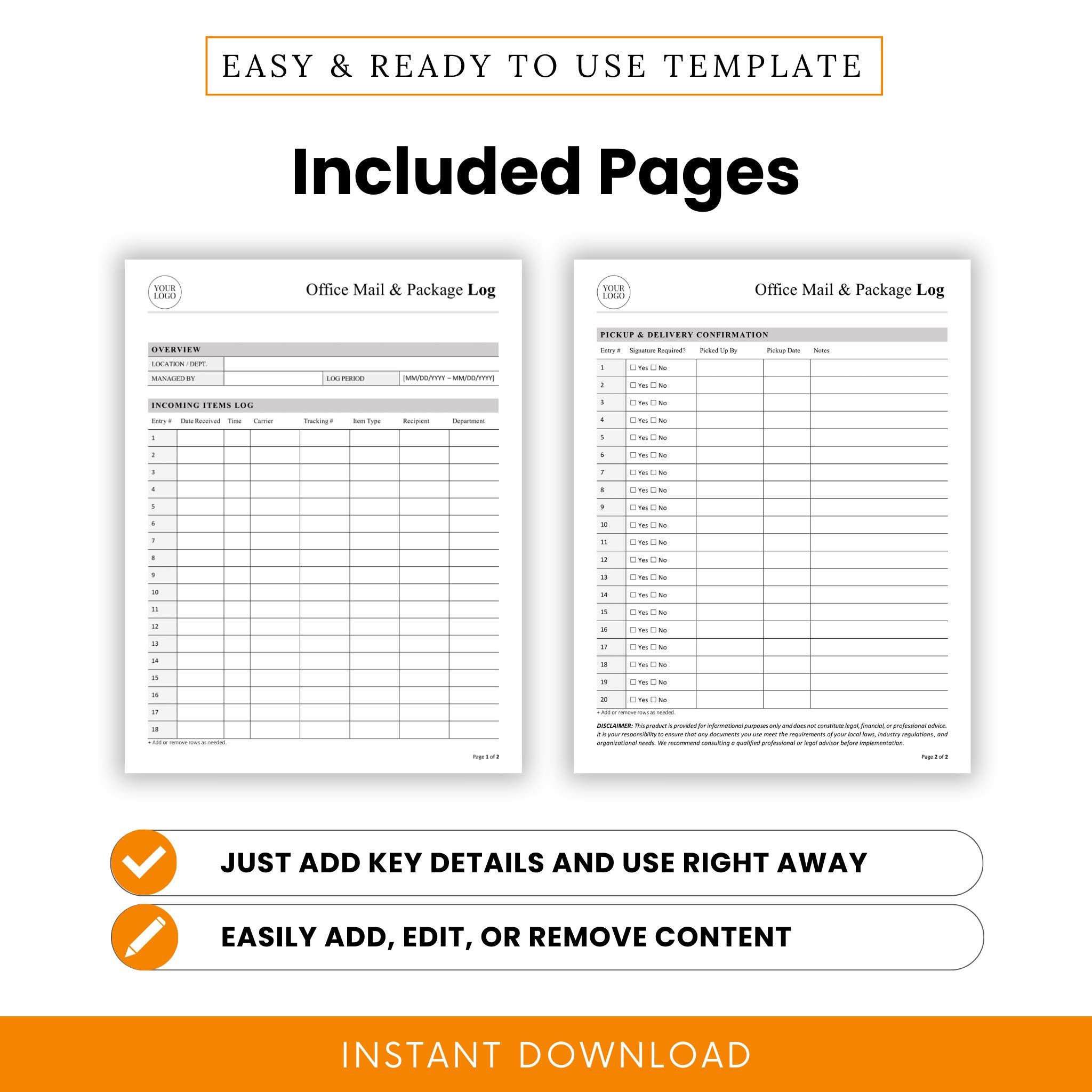 Office Mail and Package Log Template - Word & PDF, A4 + US Letter - Etsy