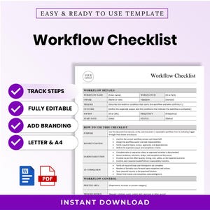May include: A digital workflow checklist template featuring sections for workflow details, usage instructions, and control. The document includes fields for workflow name, ID, owner, version, trigger, outcome, SOP ref, frequency, start date, and status.