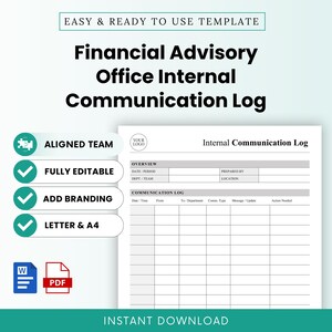 Pode incluir: Um modelo de registo de comunicação interna para escritórios de consultoria financeira, com um documento branco e texto preto, incluindo secções para resumo, data, período, preparado por, departamento, localização e uma grelha.