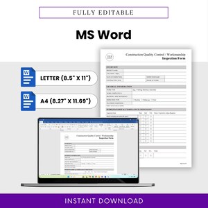 Showcase of the template opened in Microsoft Word, displaying both US Letter and A4 sizes with editable content blocks; ideal for on-site inspection teams and project managers.
