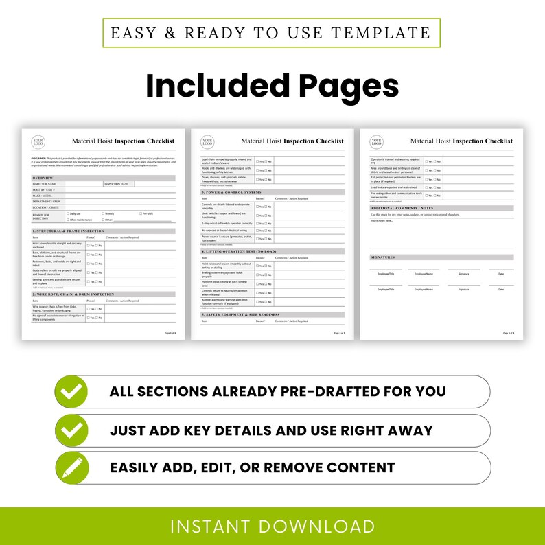 Side-by-side preview of all three pages of the checklist template, showing clear, structured inspection sections. Icons and checkmarks highlight benefits such as pre-drafted content, ease of editing, and ready-to-use formatting.