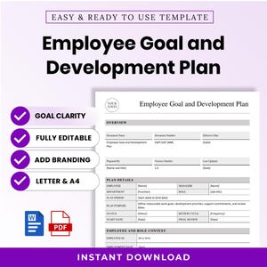 May include: An Employee Goal and Development Plan template document featuring sections for overview, plan details, and employee role context. The document includes placeholders for names, dates, and job titles, with purple checkmark icons for features.