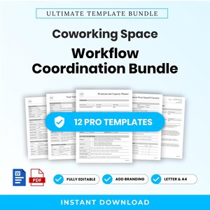 May include: A digital document bundle titled Ultimate Template Bundle, Coworking Space Workflow Coordination Bundle, featuring 12 pro templates. The display shows multiple white business forms with black text, a blue banner, and icons for Word, PDF, and download.