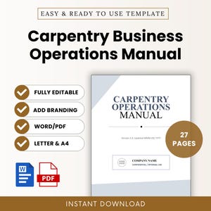 Può includere: Un modello digitale di manuale operativo per attività di falegnameria da 27 pagine. Il documento include campi di testo per nome azienda, versione e data. Sono presenti icone per i formati Word e PDF e punti elenco con segni di spunta.