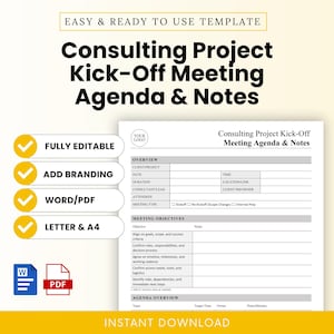 Może przedstawiać: Biały i szary szablon Agendy i Notatek ze spotkania Kick-Off Projektu Konsultingowego. Dokument zawiera sekcje dotyczące przeglądu, celów spotkania i przeglądu agendy. Funkcje obejmują w pełni edytowalne, dodawanie marki i opcje Word/PDF.