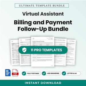 Może przedstawiać: Cyfrowy pakiet szablonów zatytułowany Ultimate Template Bundle, Virtual Assistant Billing and Payment Follow-Up Bundle, zawierający 11 profesjonalnych szablonów. Zawiera ikony Word i PDF oraz etykiety dotyczące pełnej edycji, dodawania marki, formatu letter i A4.