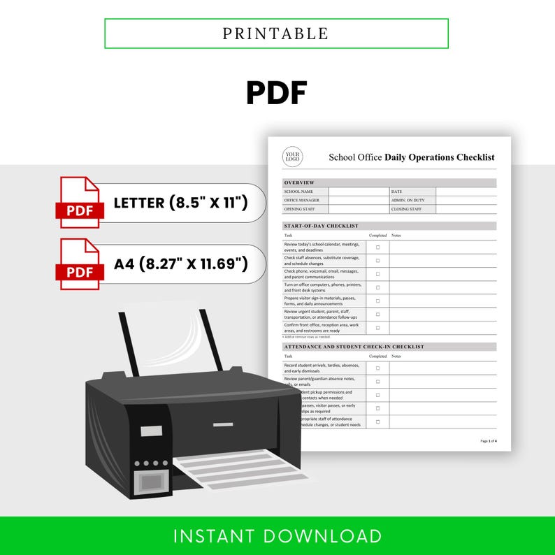 School Office Daily Operations Checklist Template – Word & PDF, A4 + US ...