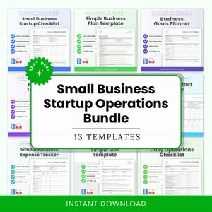 May include: A collection of digital templates for small businesses, including a startup checklist, business plan, and goals planner. The bundle includes 13 templates, with options for adding branding and in Word/PDF formats. The text "Small Business Startup Operations Bundle" is displayed prominently.